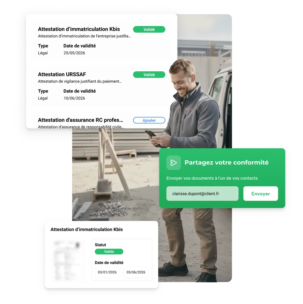 Sous-traitant sur chantier gérant sa conformité AddWorking : attestations KBIS, URSSAF et partage documents.