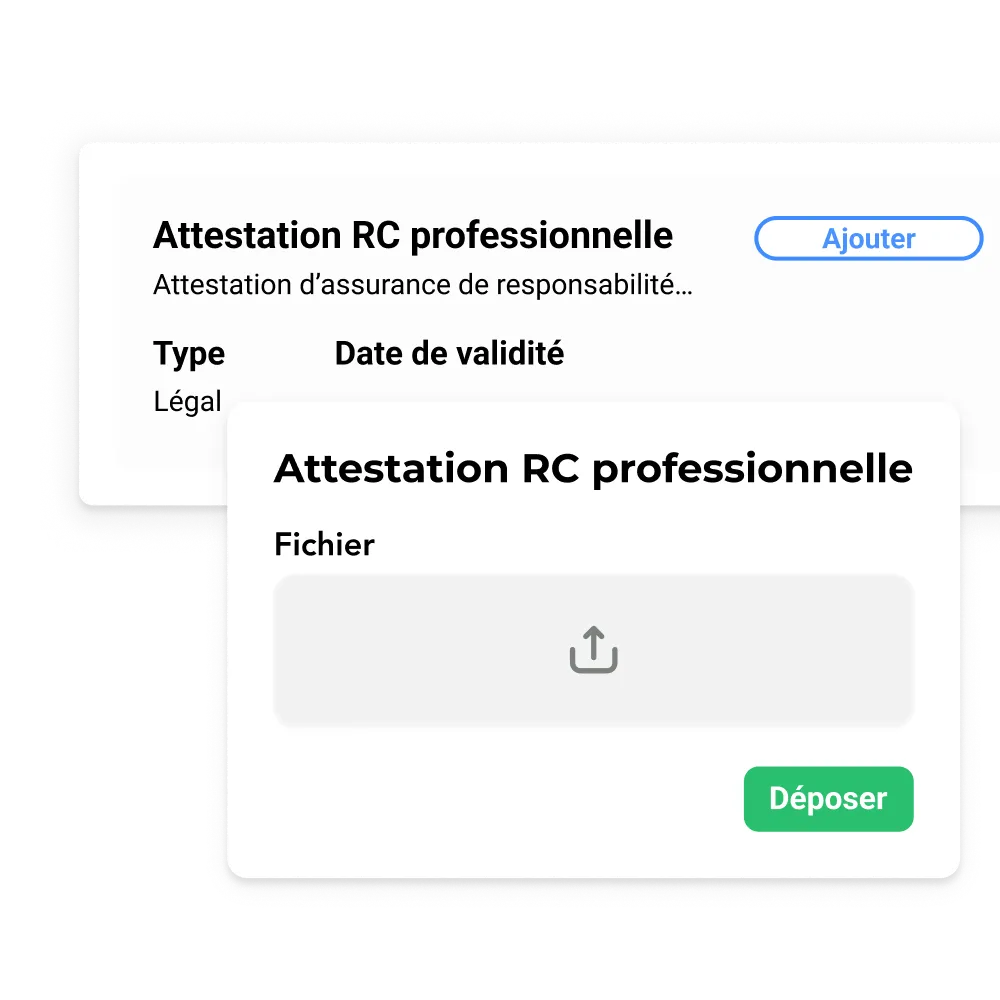 Dépôt de document AddWorking : formulaire de téléchargement attestation RC professionnelle sous-traitant.