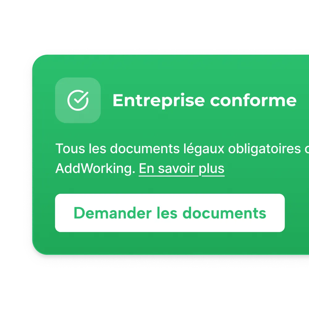 Badge conformité AddWorking sur fiche partenaire : validation des documents légaux obligatoires.