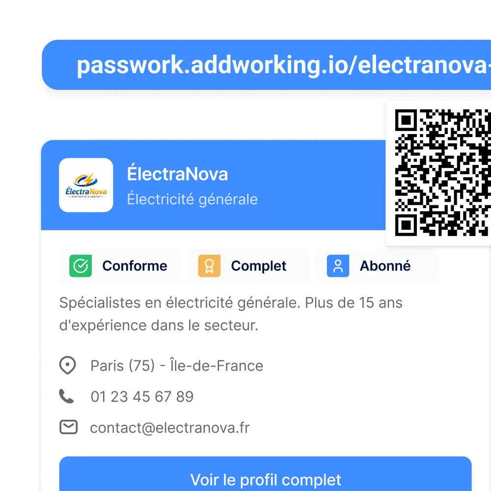 Partage de conformité AddWorking : fiche ÉlectraNova avec QR code et badges conforme, complet, abonné.