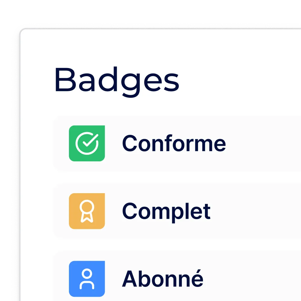 Badges AddWorking : conforme (vert), complet (orange) et abonné (bleu) sur fiche partenaire.