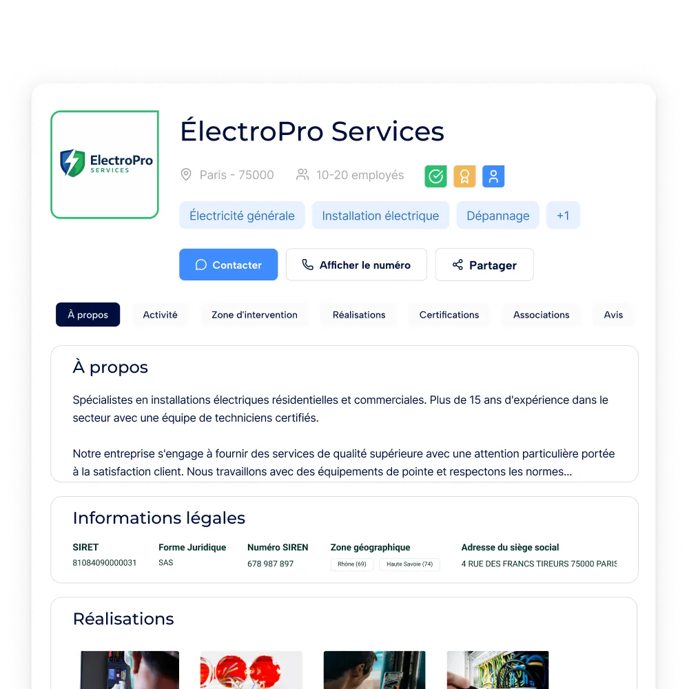 Donneur d'ordres consultant un profil conforme sur AddWorking avec badge entreprise conforme et contact.