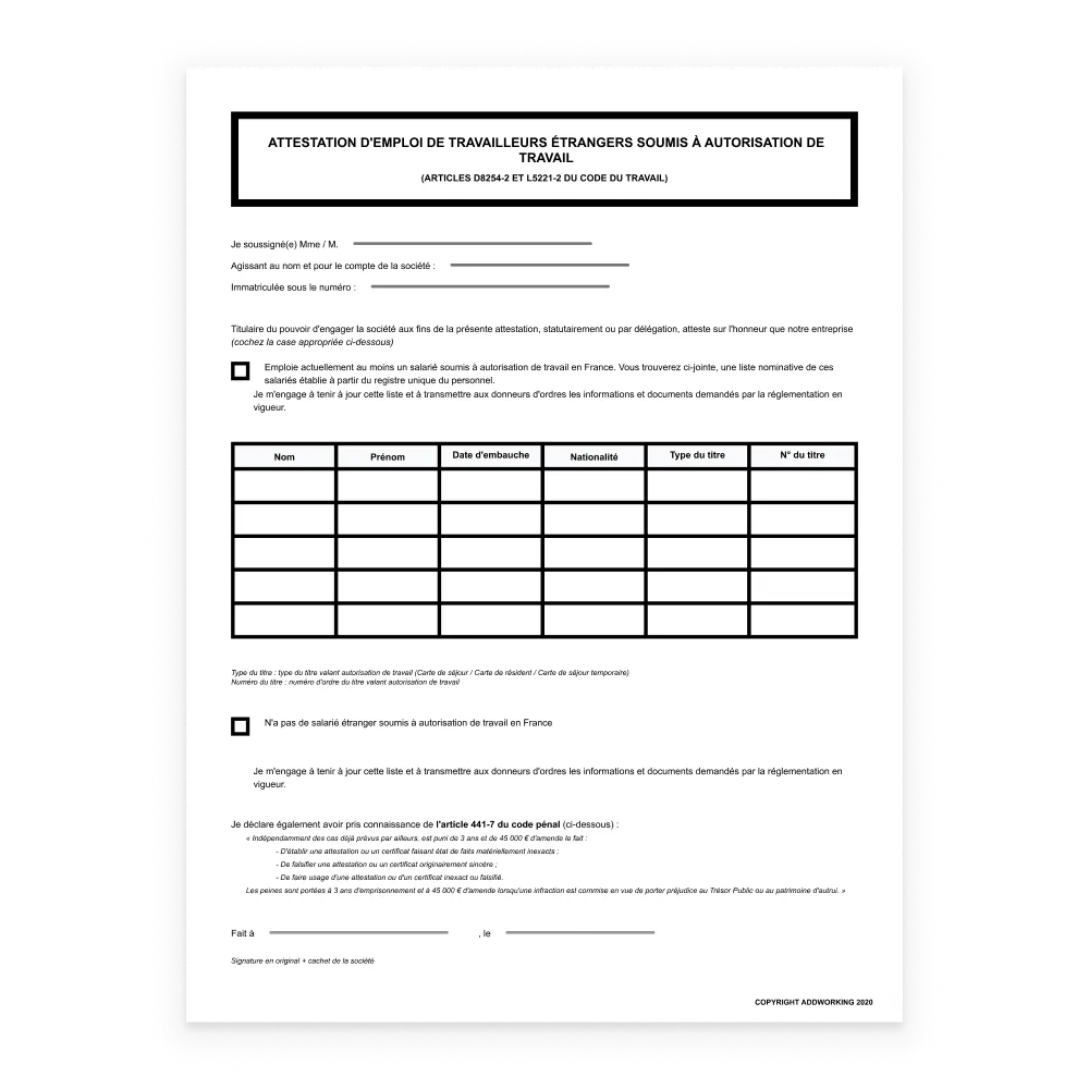 Attestation d'emploi de travailleurs étrangers : formulaire légal obligatoire pour chantier BTP.