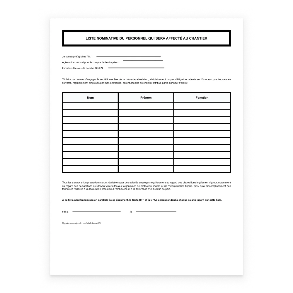 Liste nominative du personnel affecté au chantier : document légal obligatoire sous-traitant BTP.