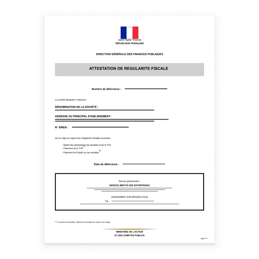 Attestation de régularité fiscale DGFIP : justificatif TVA et impôts pour sous-traitant BTP.