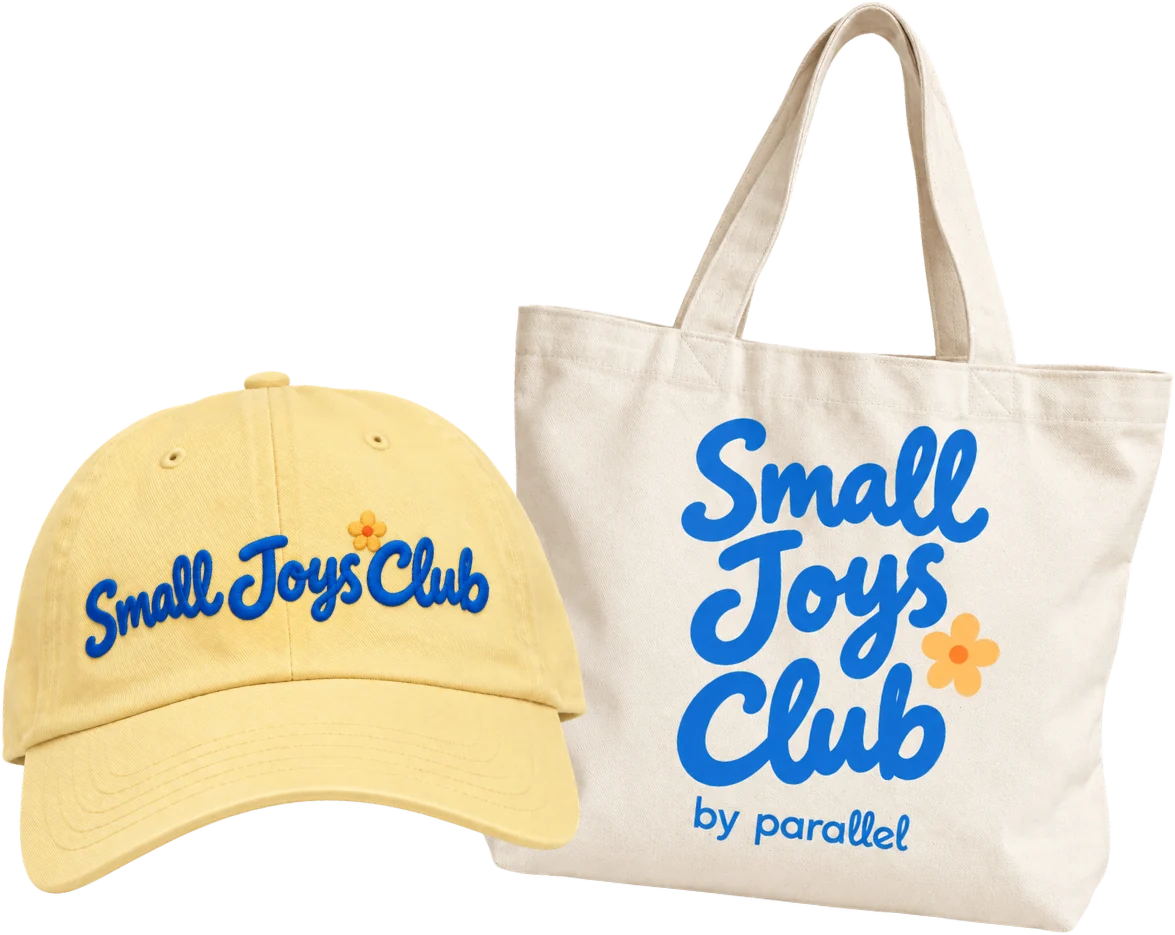 Small Joys Club hat and tote bag