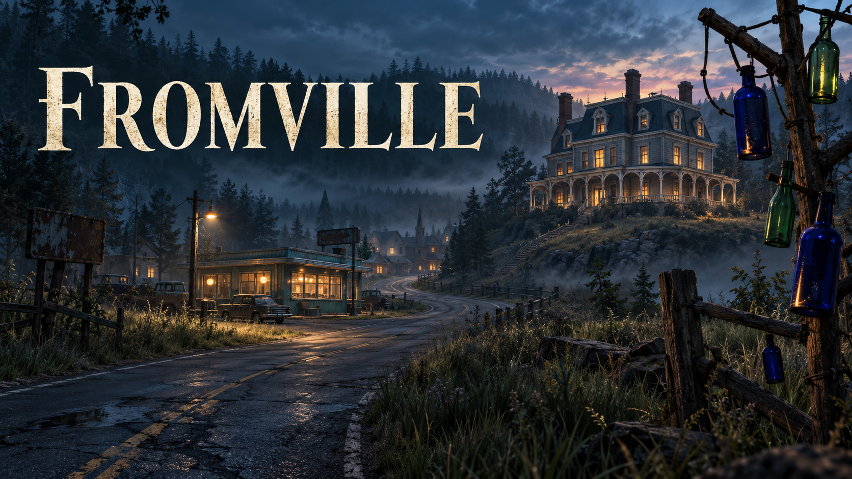 A misty nighttime rural scene with a winding road leading through a small town featuring illuminated houses, a lit diner or shop, a large Victorian-style house on a hill, and a wooden post with colorful glass bottles hanging on the right side.