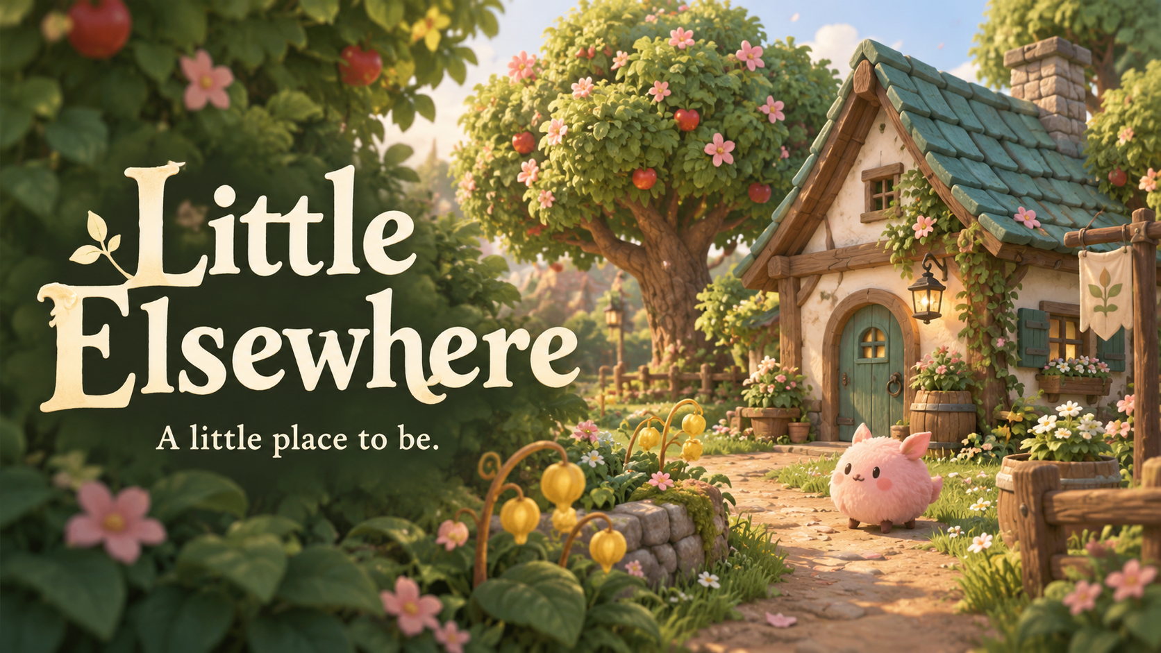 Charming quaint cottage with blue-green roof and wooden door surrounded by flowers and greenery, with a large blossoming tree and a small pink fluffy creature on a stone path, accompanied by the text 'Little Elsewhere, A little place to be.'