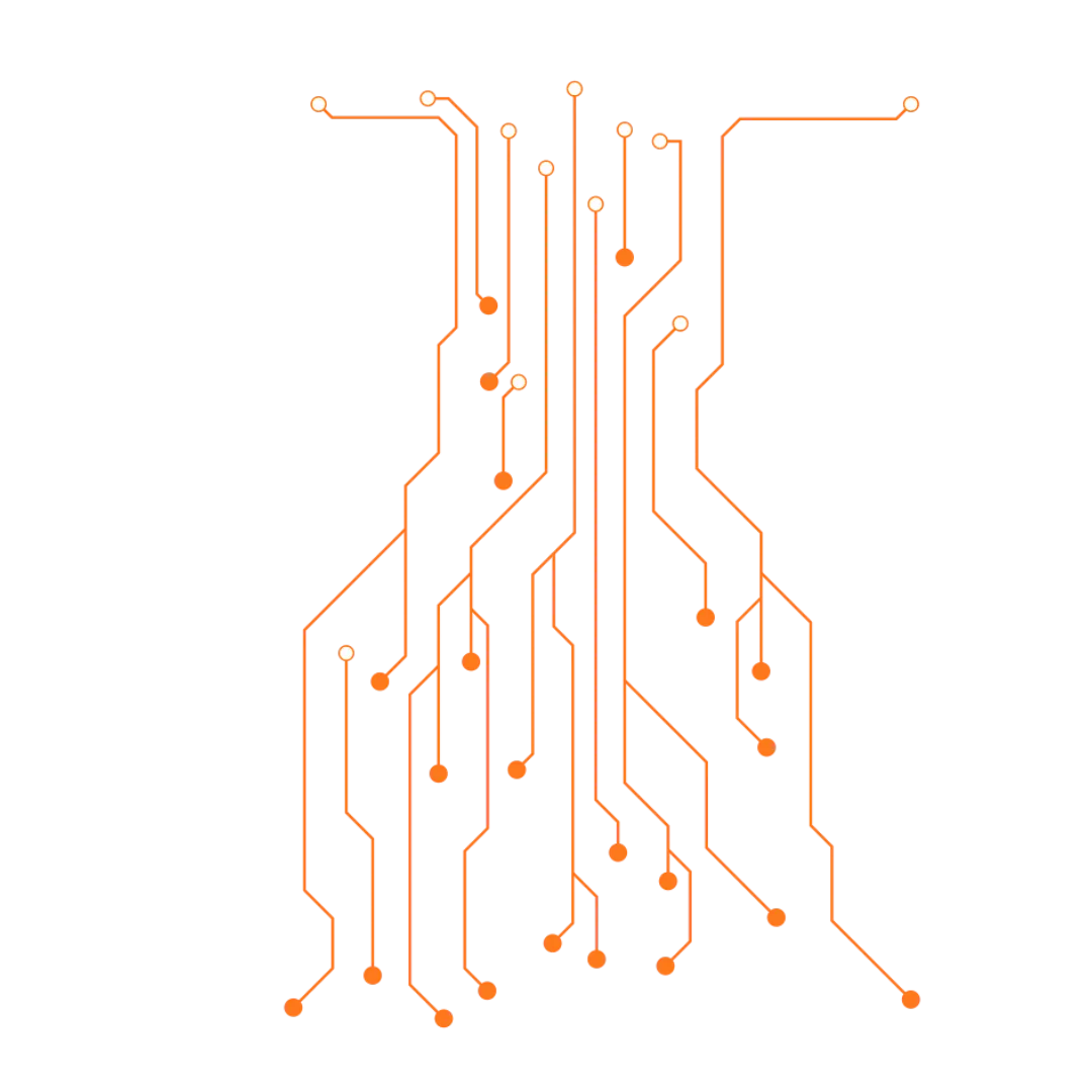 An orange circuit board displayed against a solid black background.