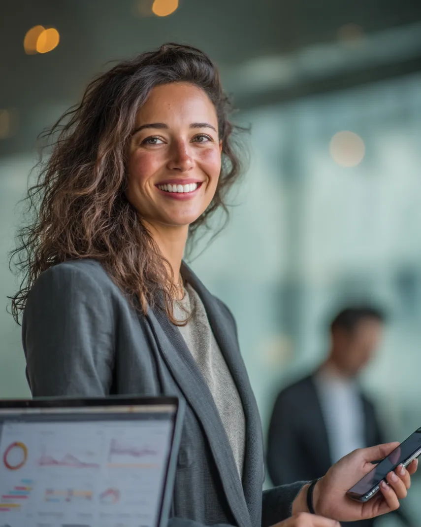 Smiling businesswoman in a suit holding a smartphone, with a laptop displaying charts and graphs in the foreground.