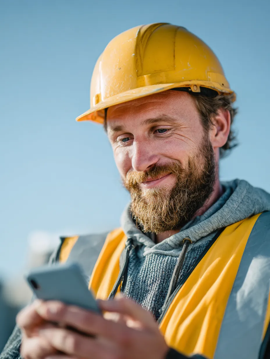A male construction worker reading something on a mobile phone, smiling confidently.