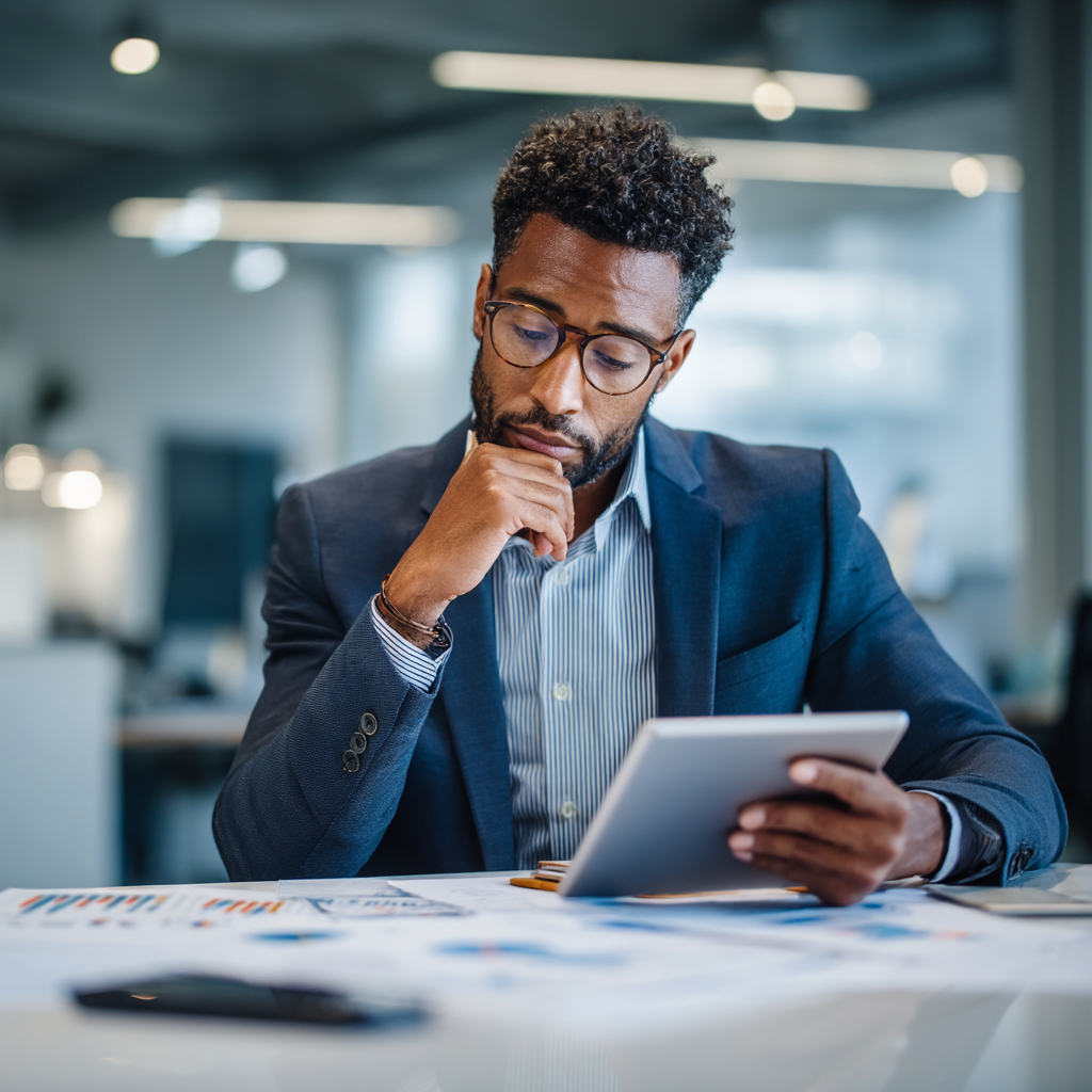 Finance leader thoughtfully pondering reports while holding a tablet.