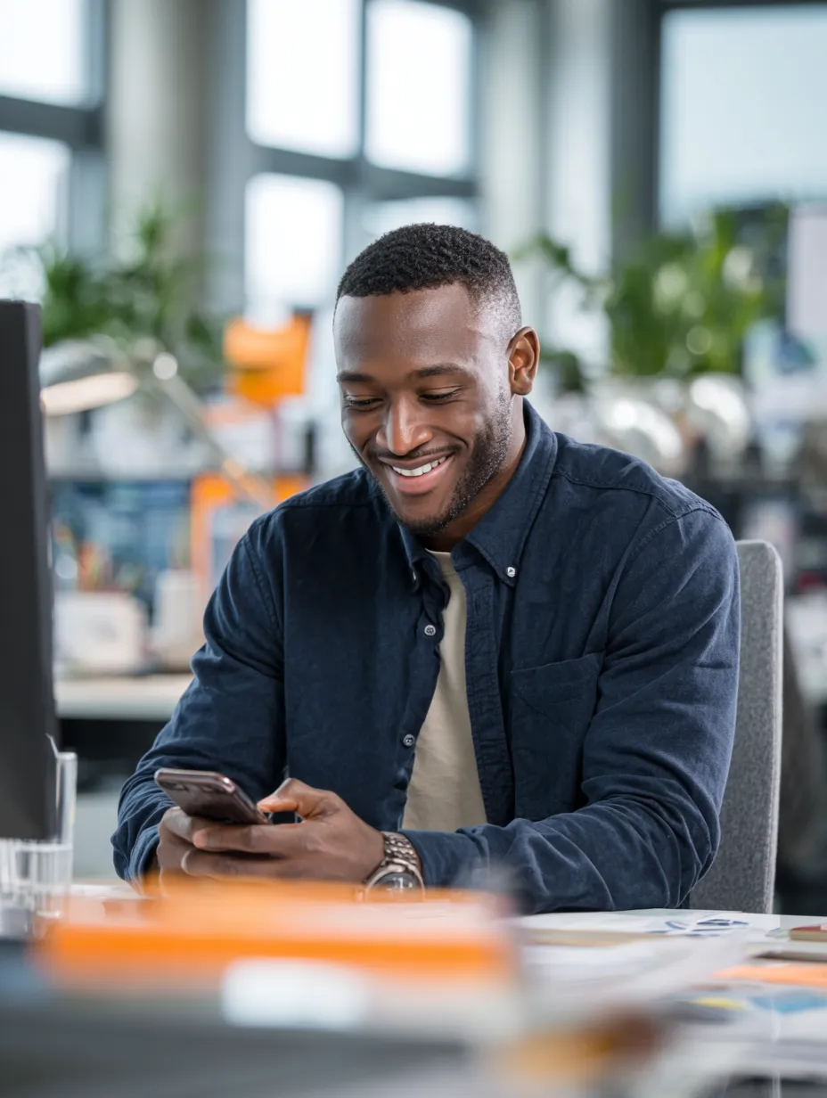 Portrait of an employee sitting at a desk in a modern office, smiling and holding a mobile phone.