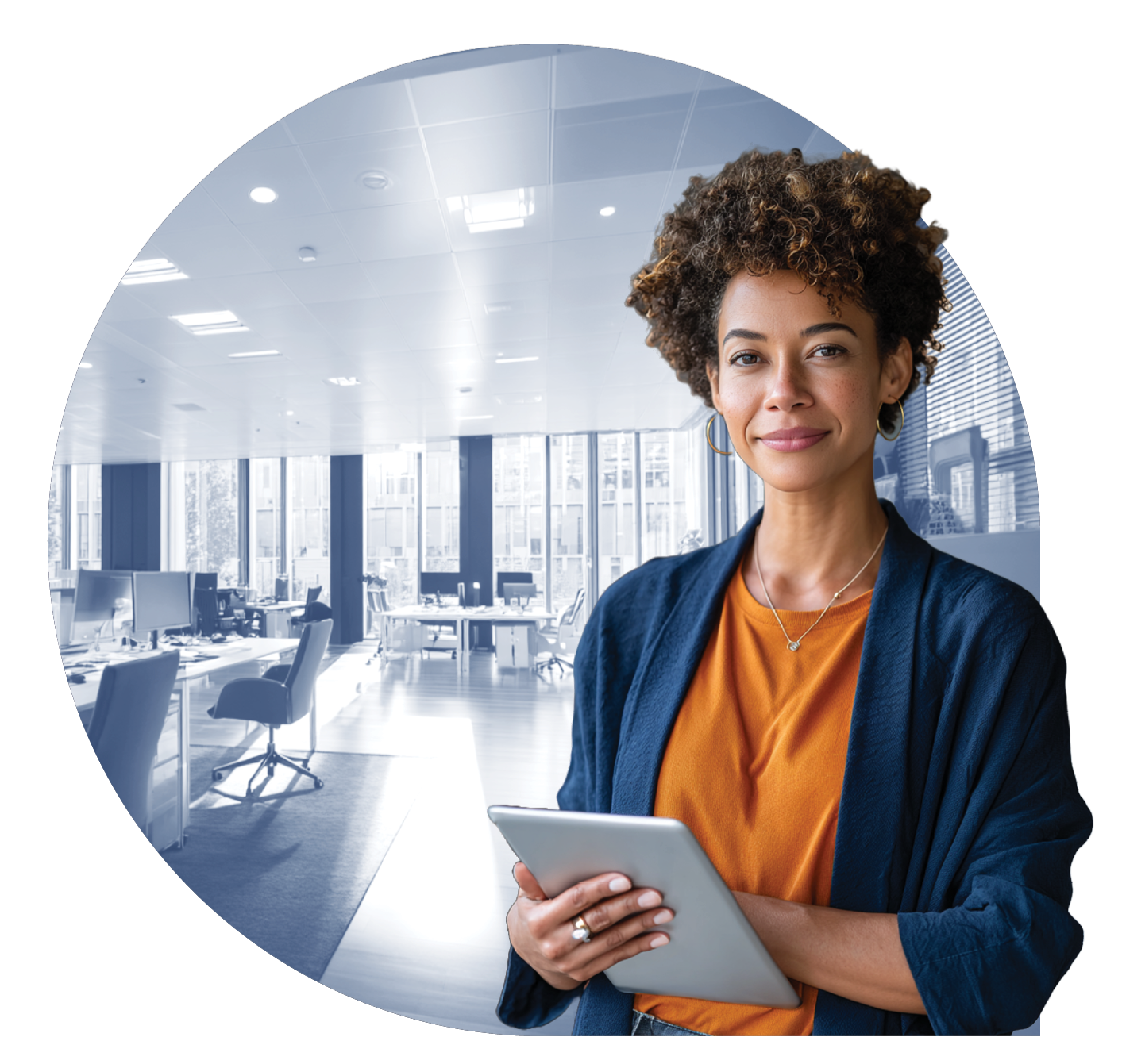 Female CEO holding a tablet, with a stylized office in the background