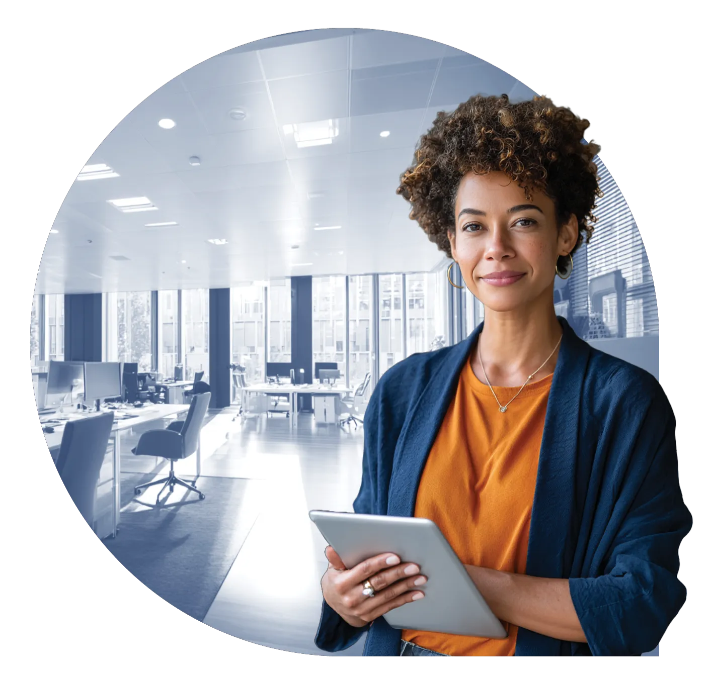 Female CEO holding a tablet, with a stylized office in the background