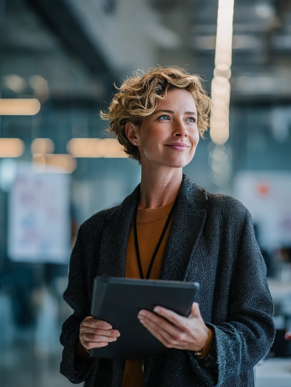 A professional woman with blonde hair holding a tablet and looking to her left, a modern office in the background