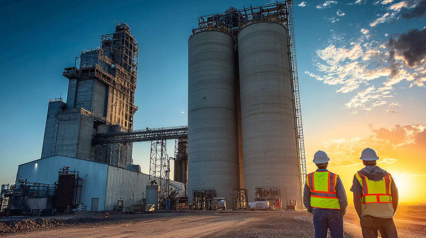 Two construction workers staring at a pair of in-progress concrete siloes on an active job sight at sunset