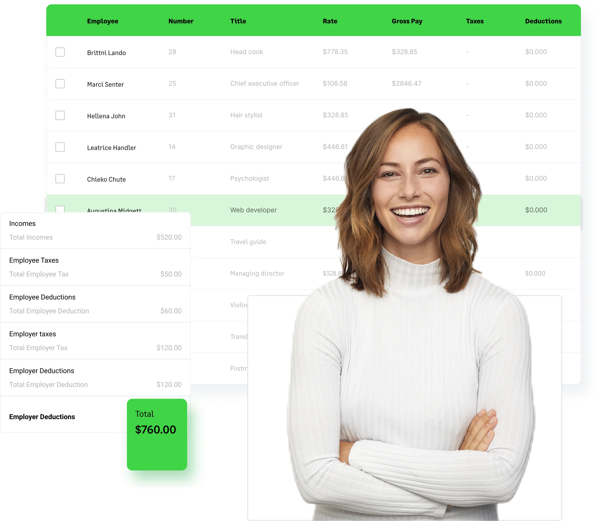 A smiling woman with her arms crossed stands in front of a dashboard.