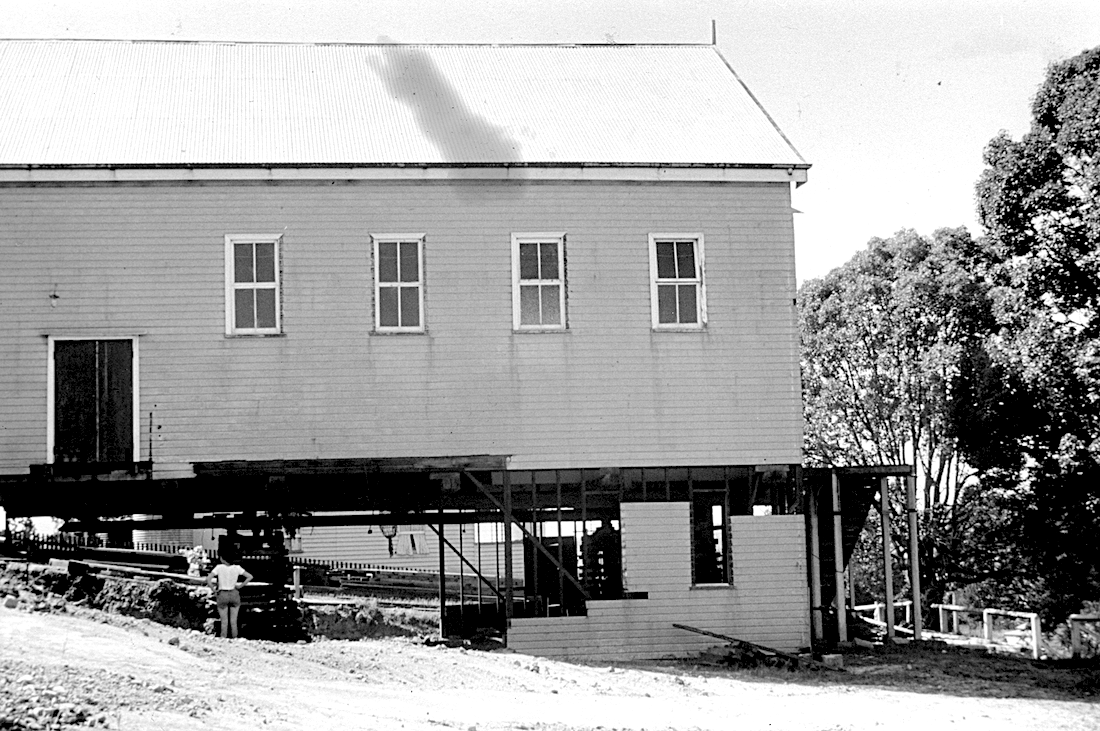 Building raised on stilts during 1968 renovation