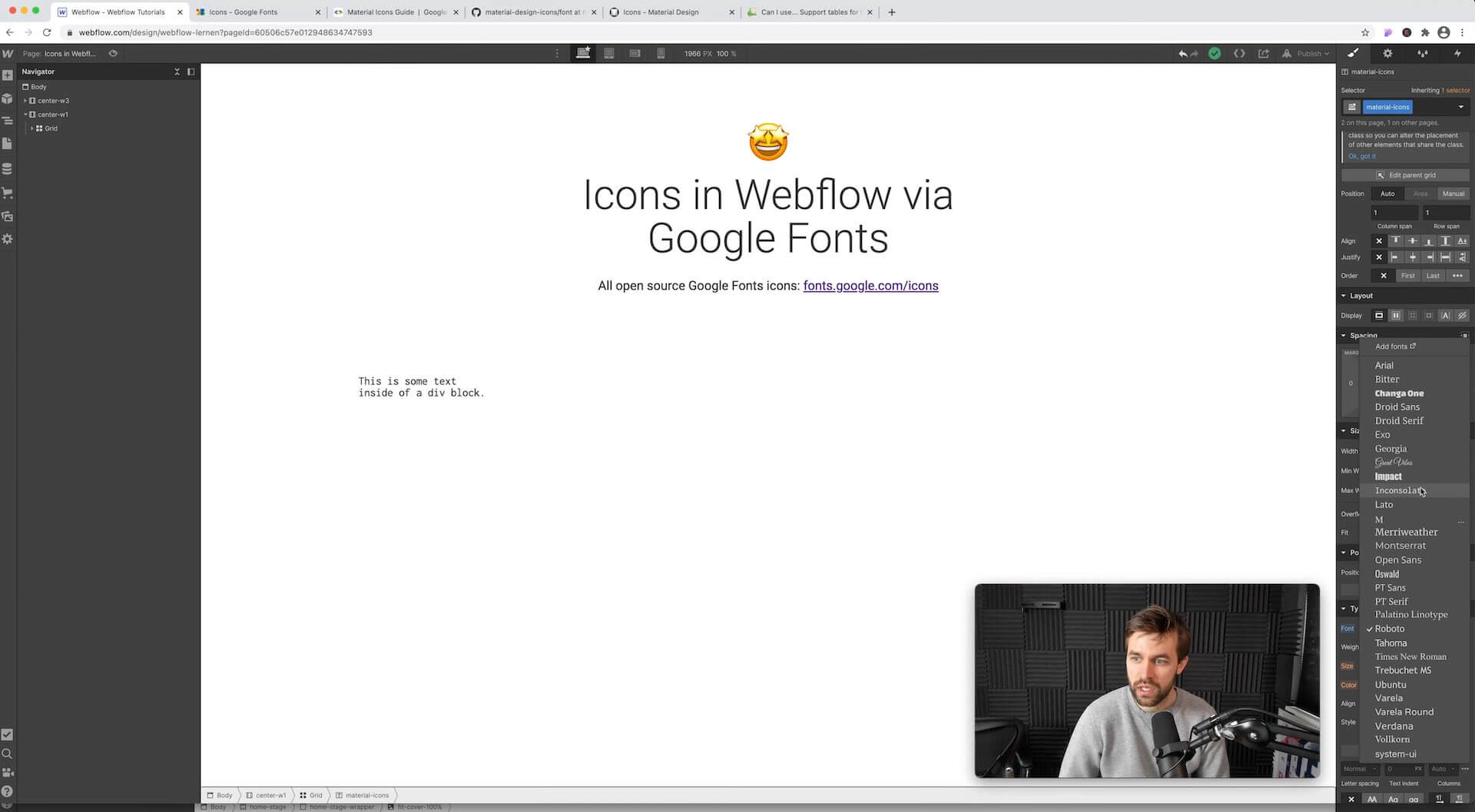 Google Icon Font im Webflow Designer auswählen