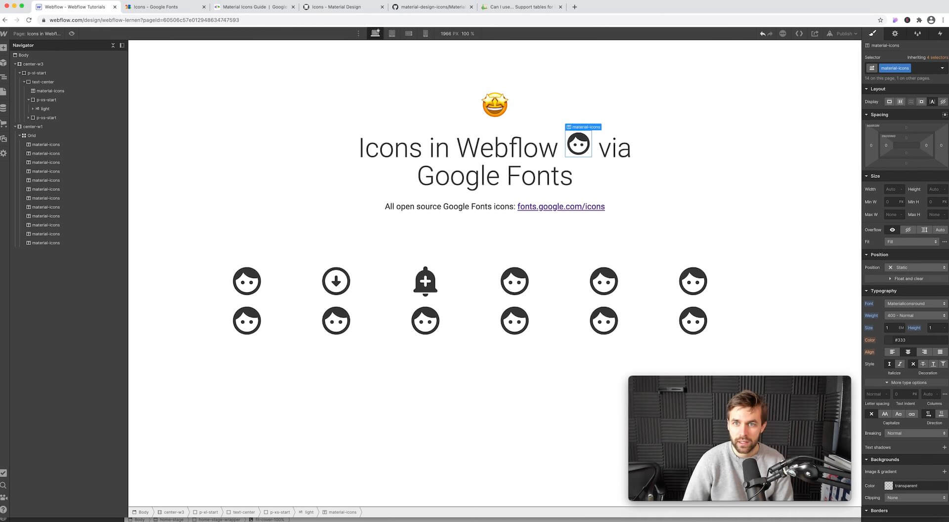 Google Font Icons können in jedem Textfeld und Headline eingesetzt werden