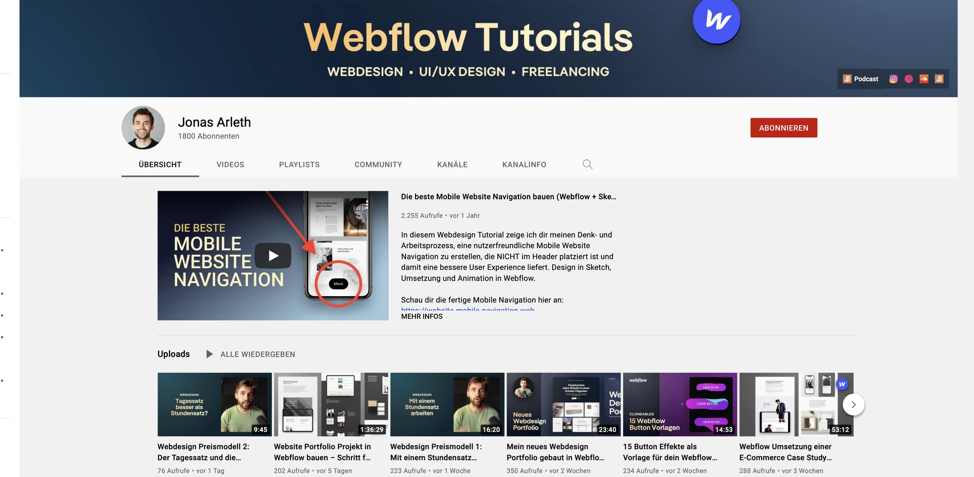 YouTube Channel von Jonas Arleth