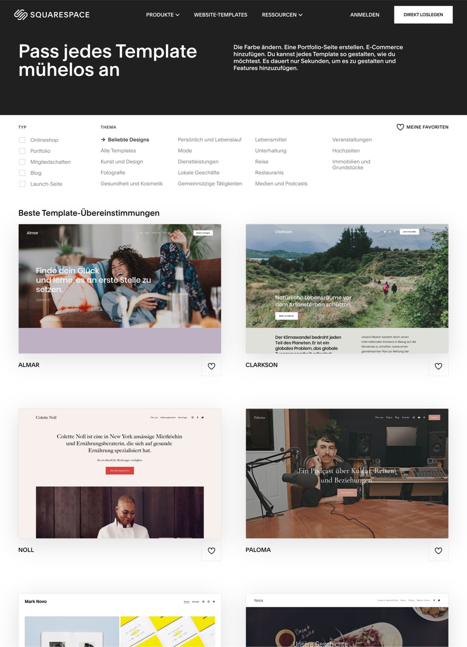 Squarespace Themes Übersicht