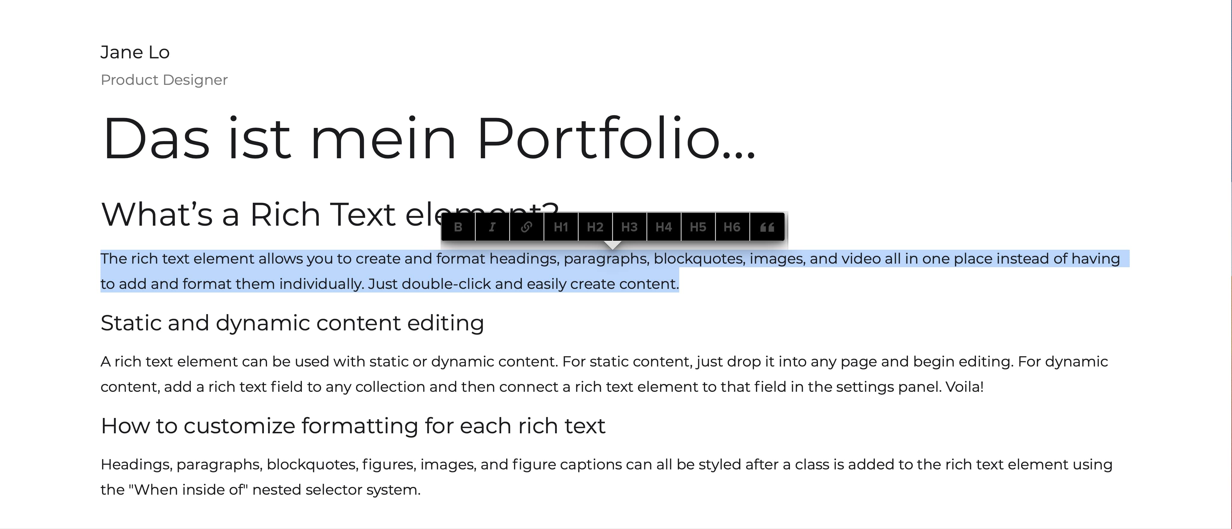 Webflow Rich Text Elemente im Editor bearbeiten