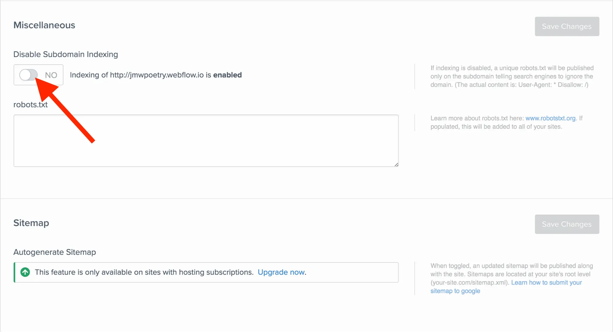Die Indizierung deiner webflow.io-Subdomain deaktivieren