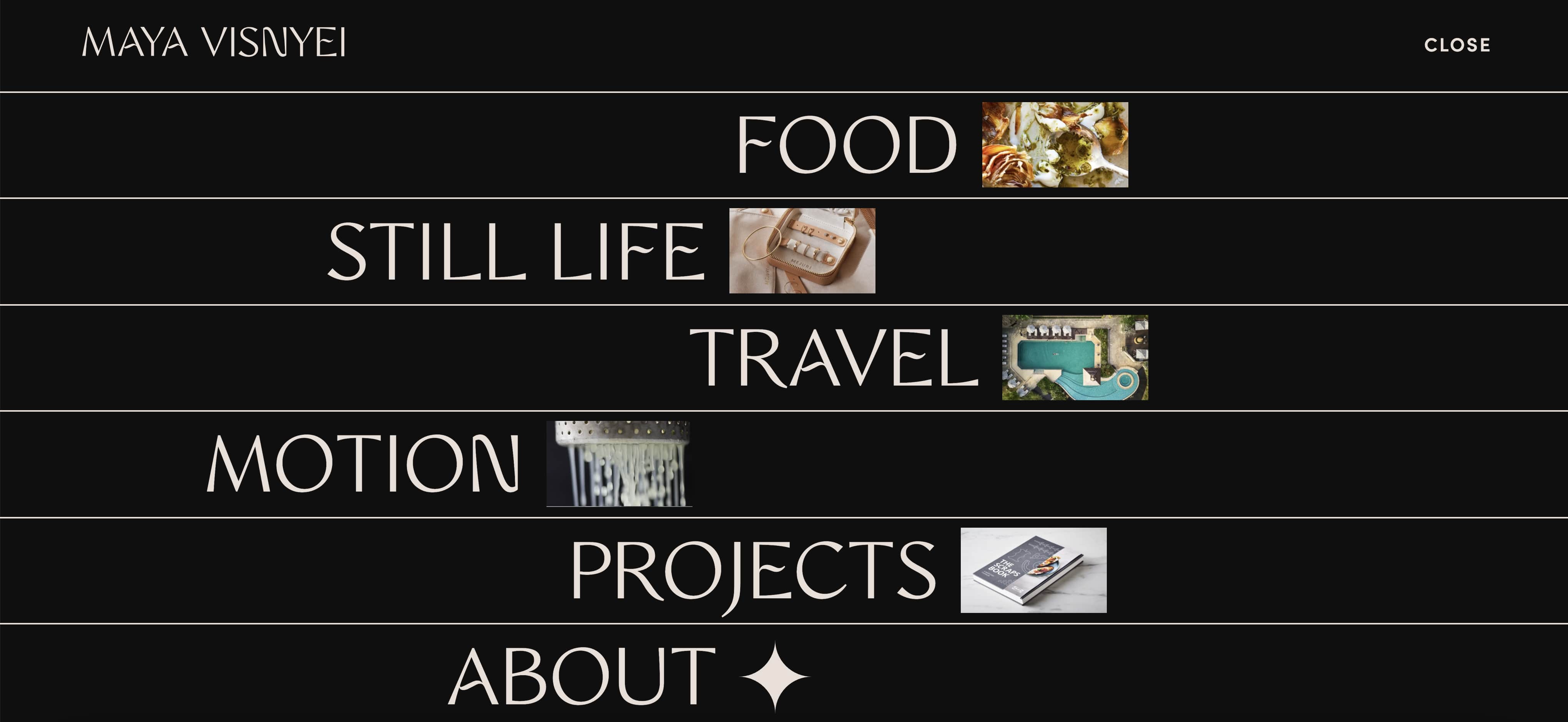 Screenshot des Navigations-Menüs auf der Website von Maya Visnyei