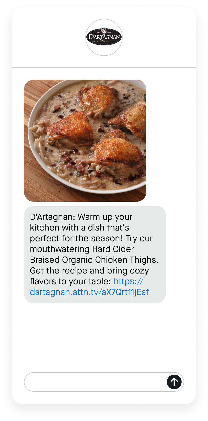 A text message from D'Artagnan sharing a fall seasonal recipe