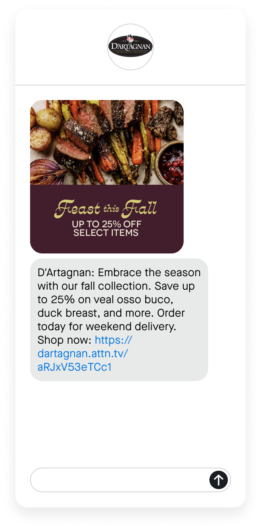 An SMS marketing campaign from D'Artagnan offering a deal on the fall collection