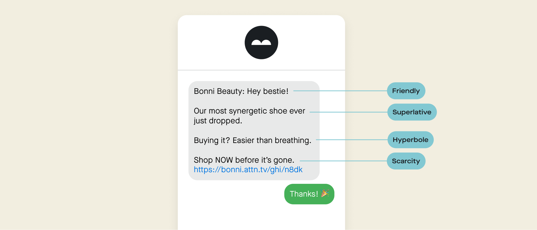 A text message highlighting specific elements like a friendly tone, superlative, hyperbole, and scarcity.