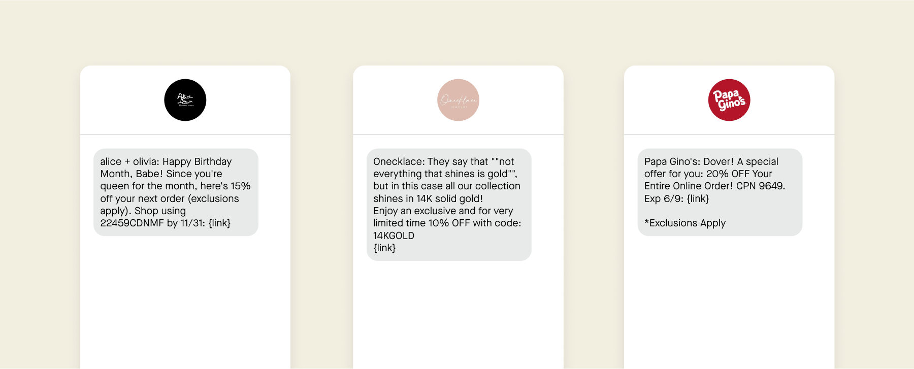 Examples of SMS campaigns that use a percentage offer format.