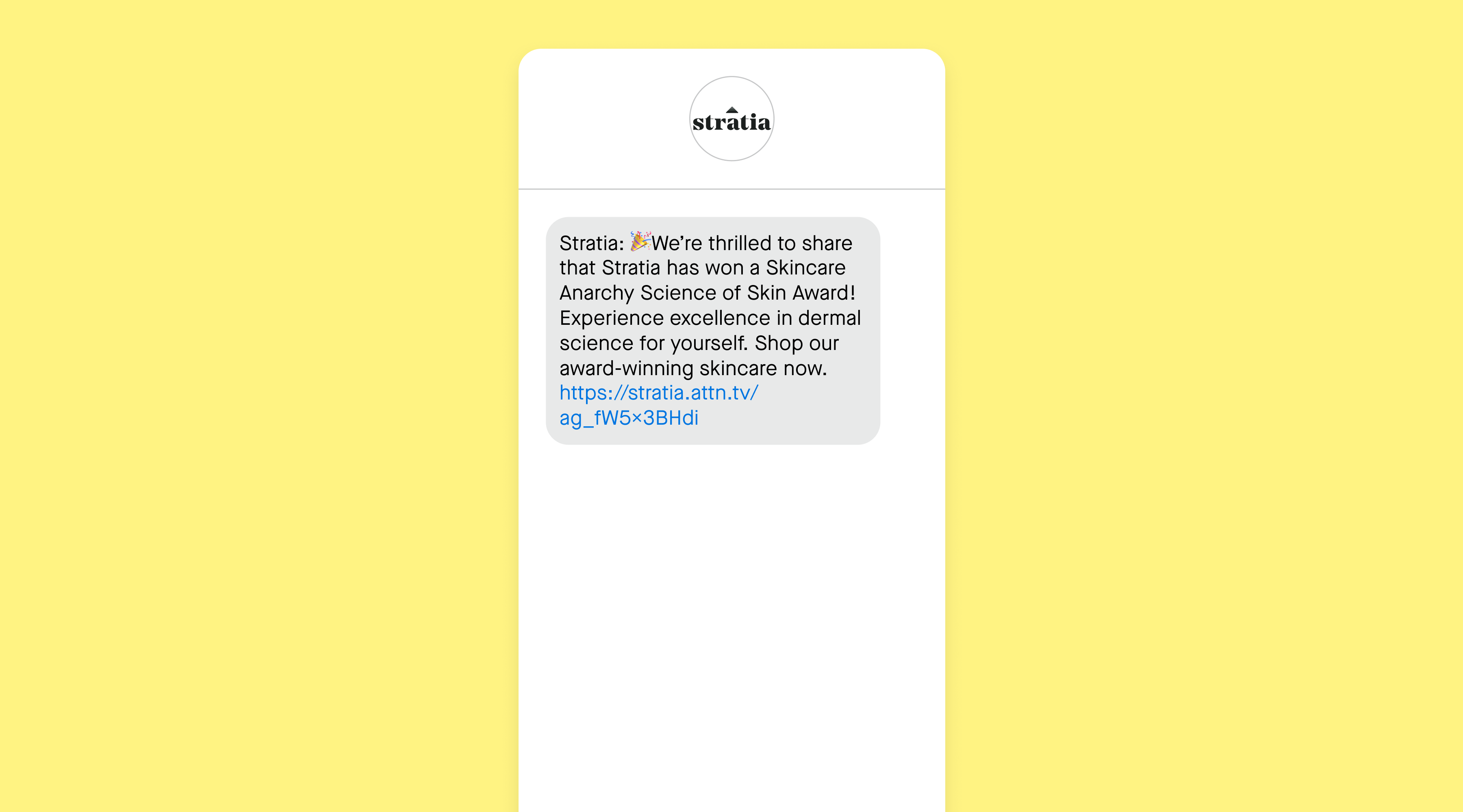 SMS campaign from Stratia sharing about a skincare award they received.