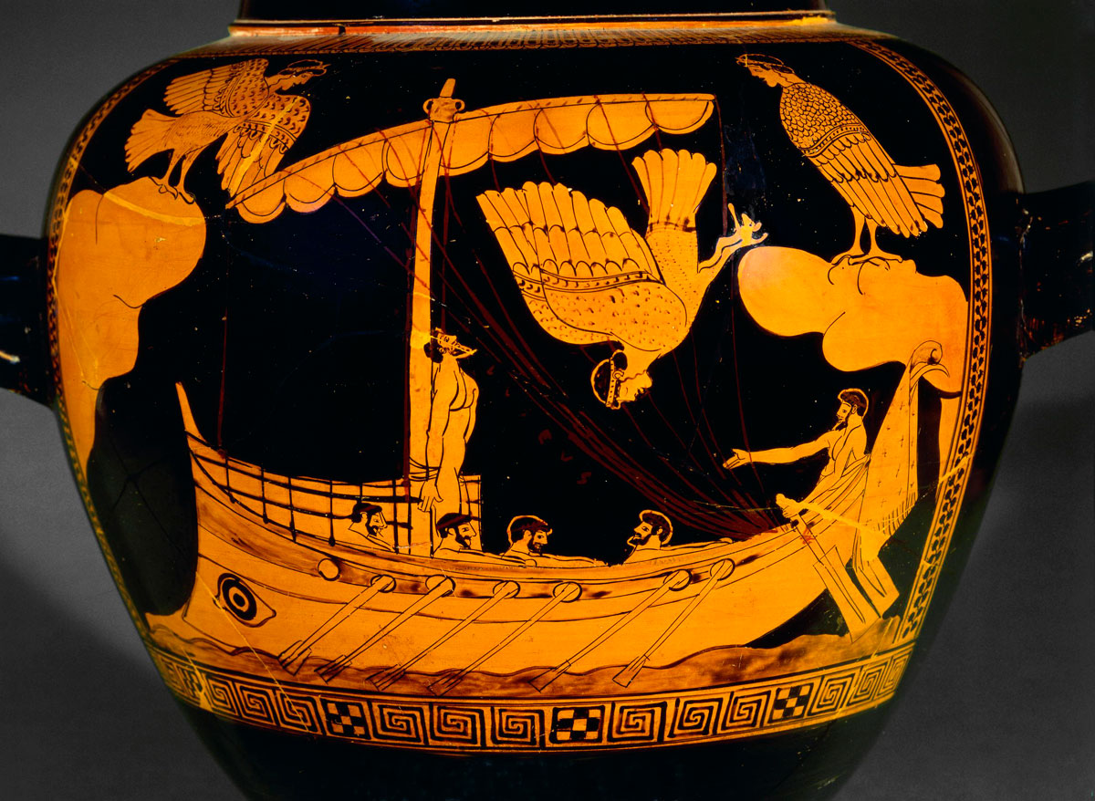 Greek vase with depiction of Odysseus and The Sirens
