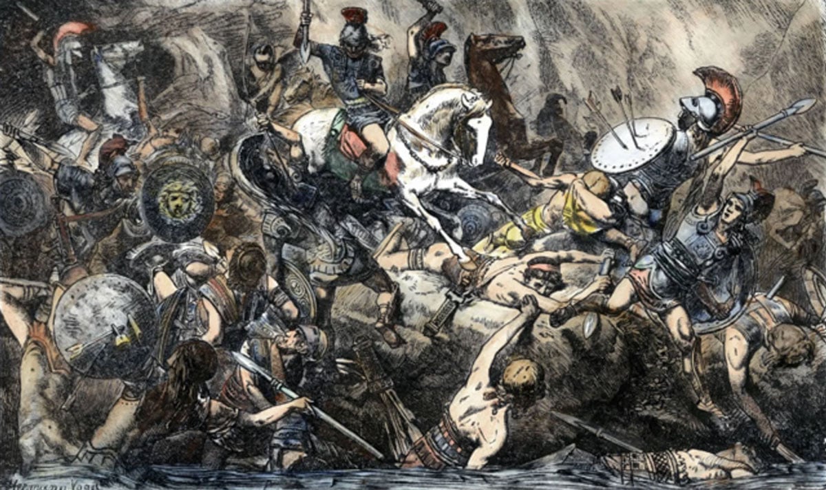 WOOD ENGRAVING 19th C of PELOPPONESIAN WAR BATTLE