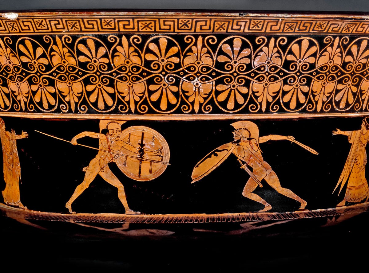 Greek pottery painted with Trojan war scene