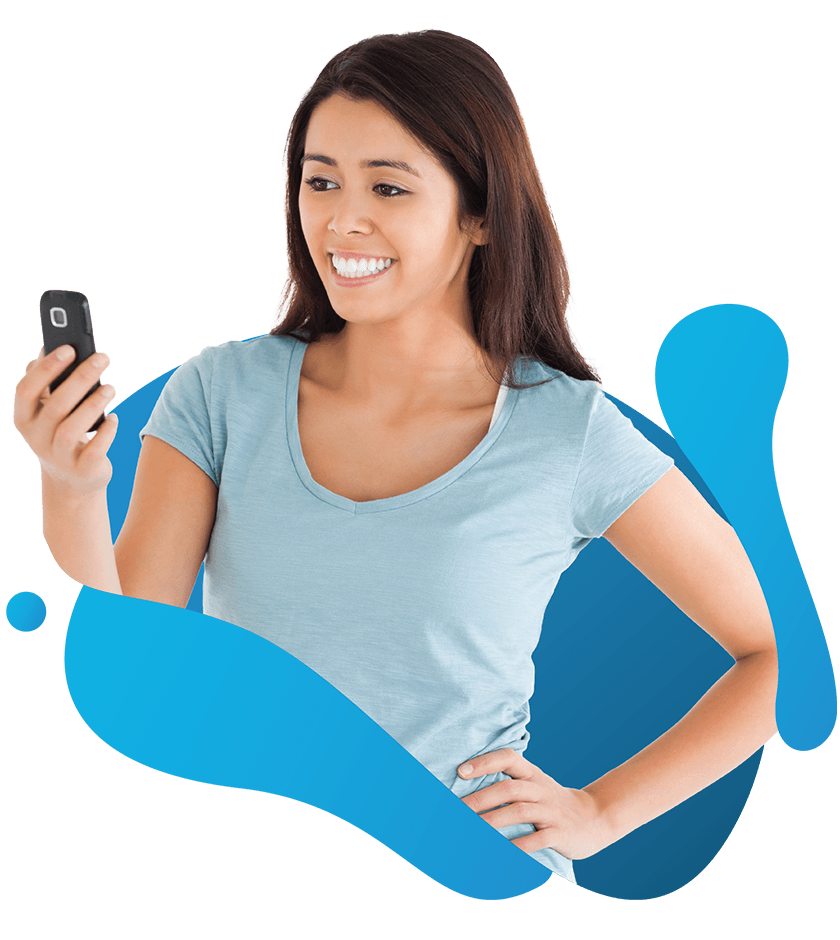 Smiling woman holding a smartphone and looking at the screen against a light blue abstract background graphic.