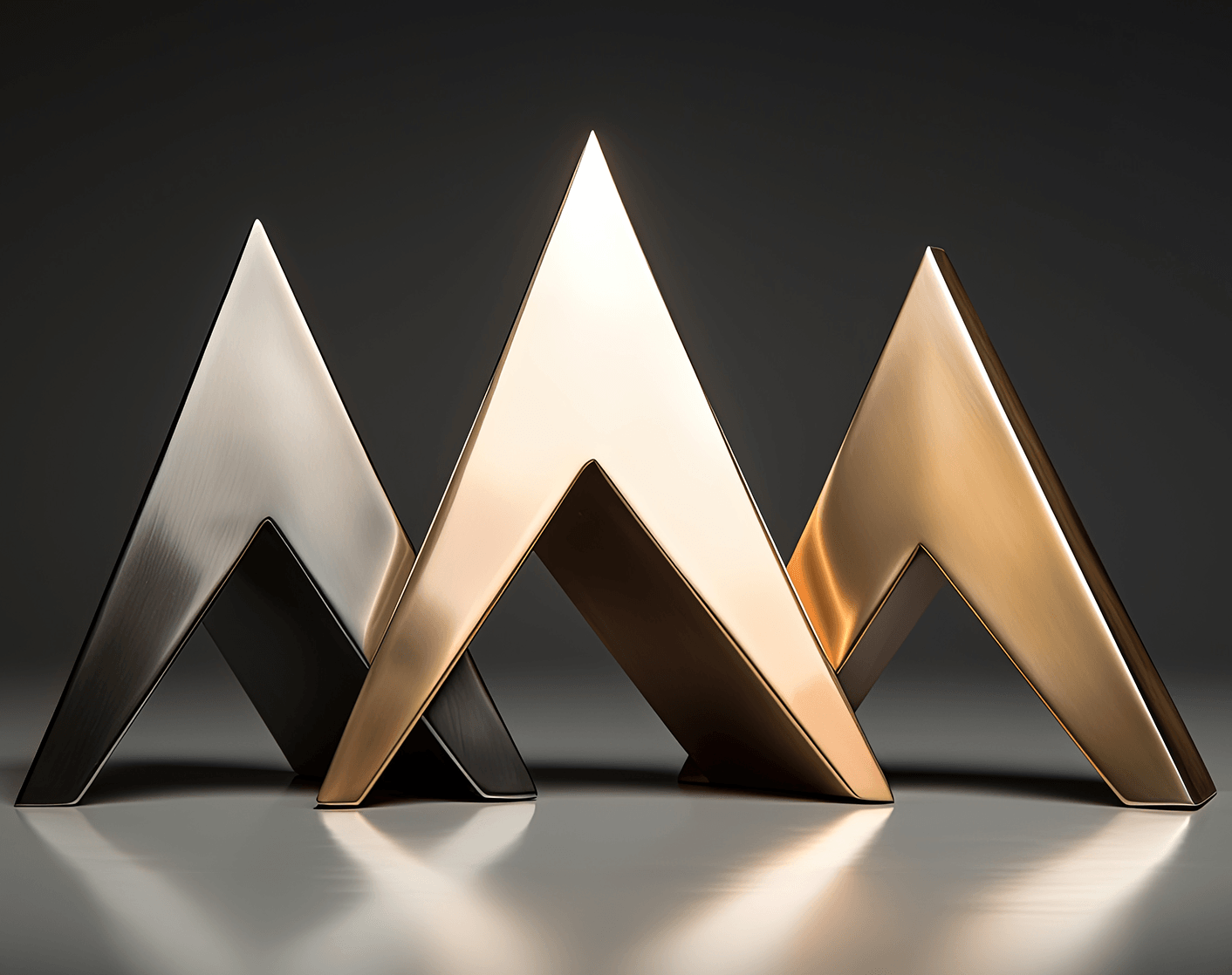 Three metallic chevron-shaped trophy sculptures standing side-by-side on a reflective surface.