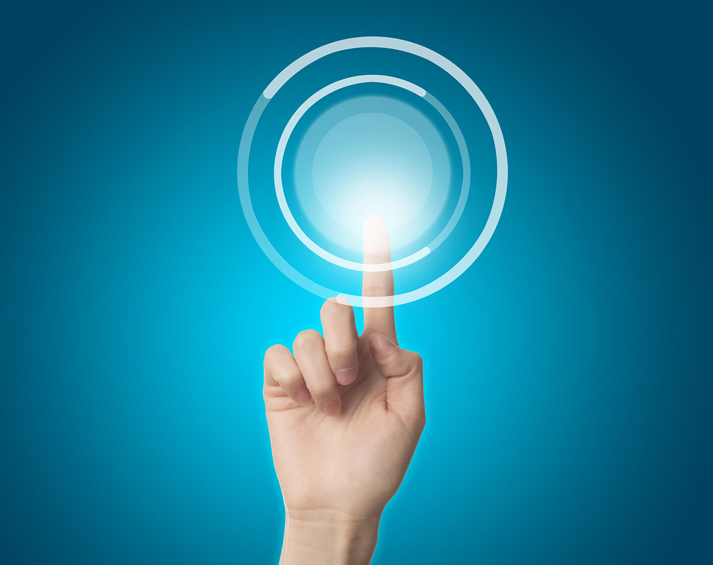 A person's index finger pressing a glowing digital touchscreen button surrounded by white concentric circular interface rings against a blue background.