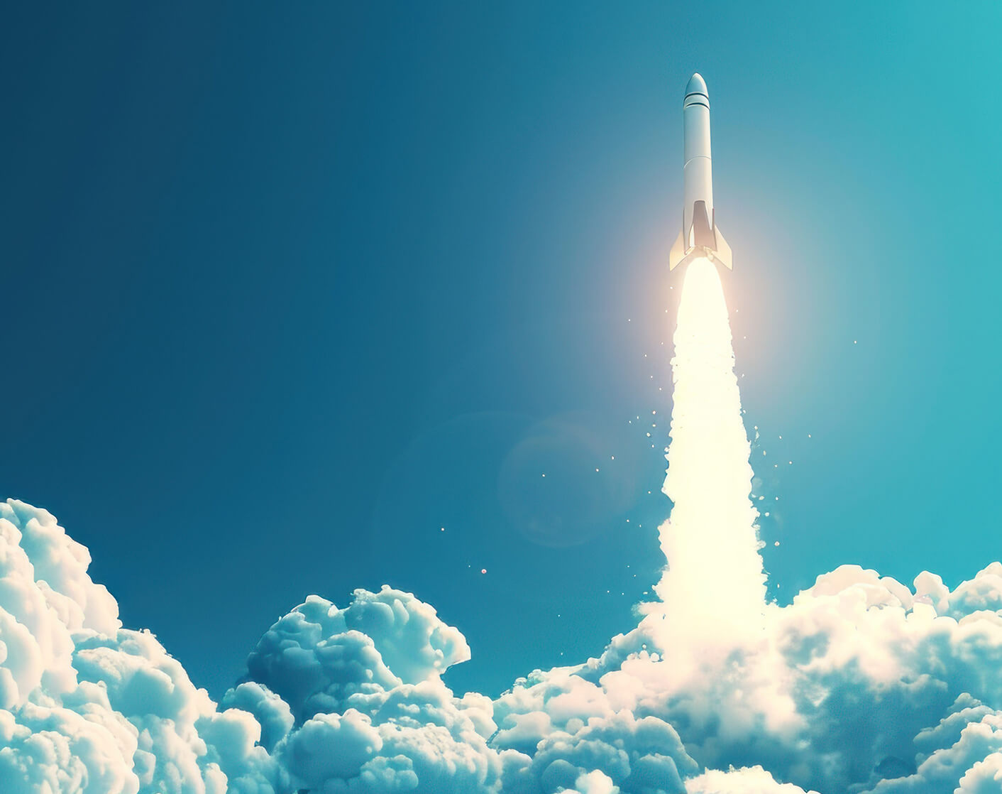 Rocket launching into sky representing fast telecom implementation accelerator packs