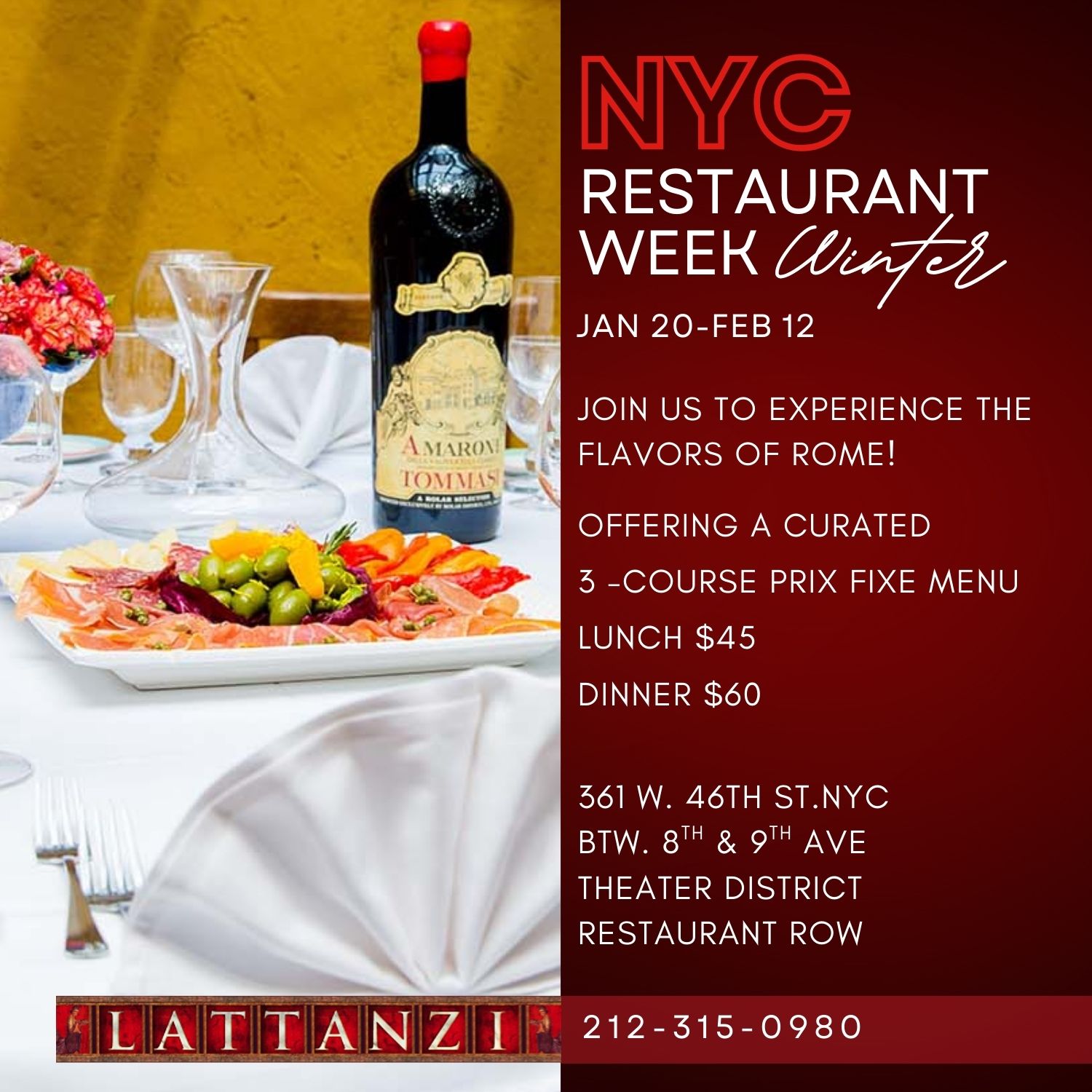 NYC Restaurant Week Winter event details with a table setting featuring a bottle of Amarone wine and an antipasto platter.
