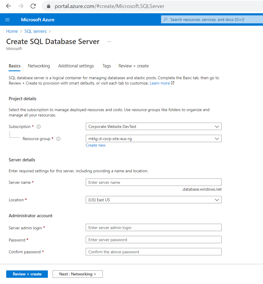 creating sql databases on azure