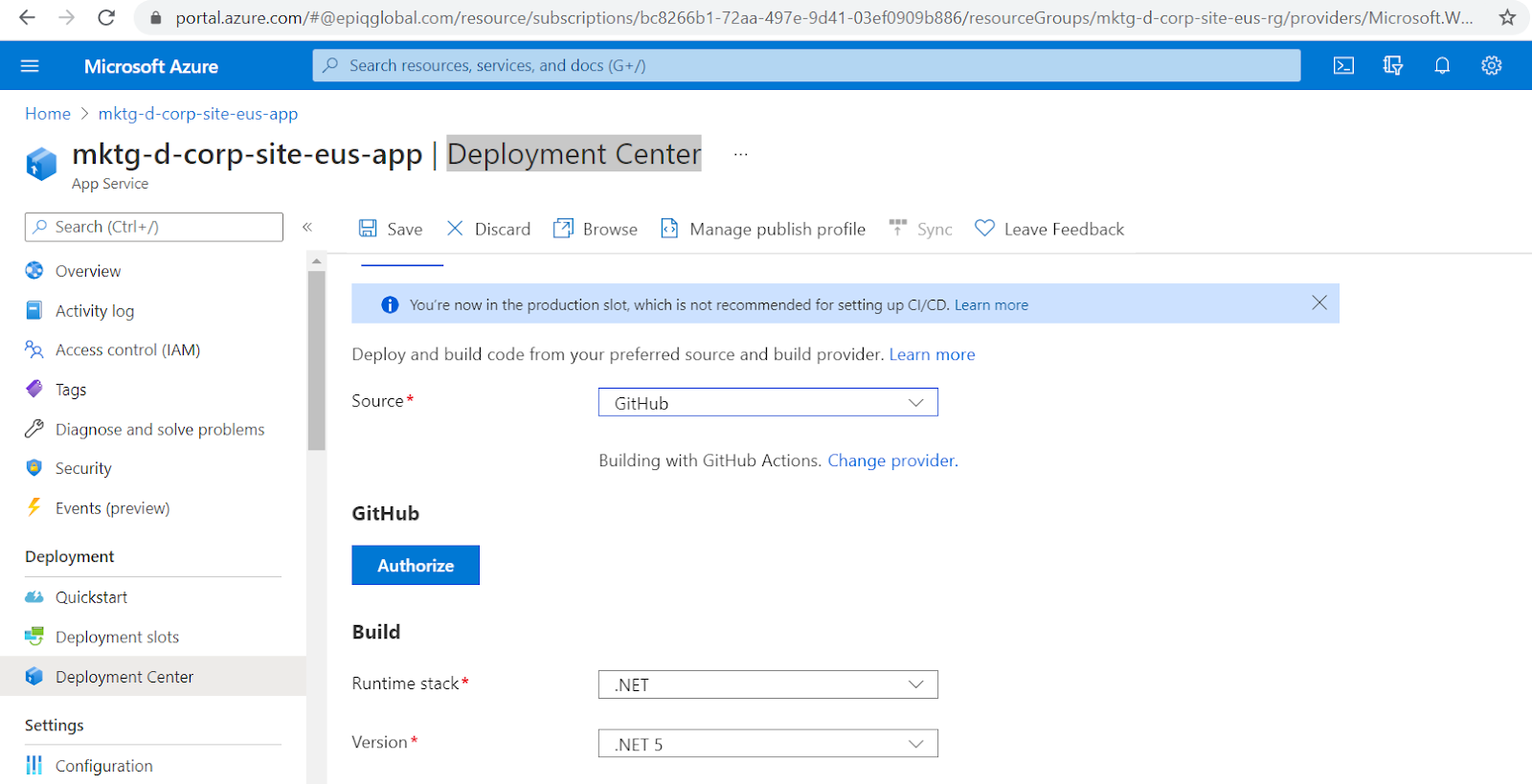 azure deployment center