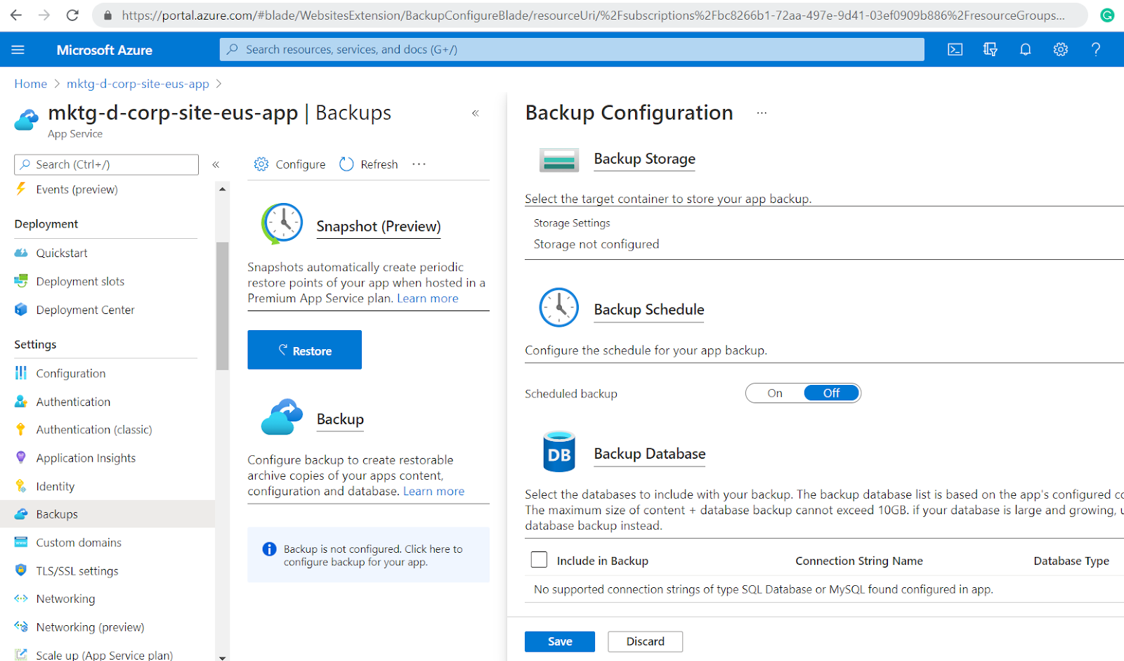 azure backup screen