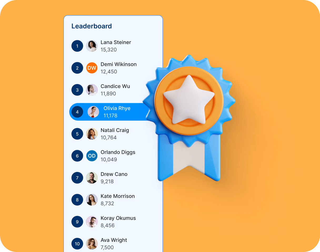 Leaderboard showing top 10 users with scores, Olivia Rhye highlighted at rank 4 with 11,178 points, next to a star ribbon.
