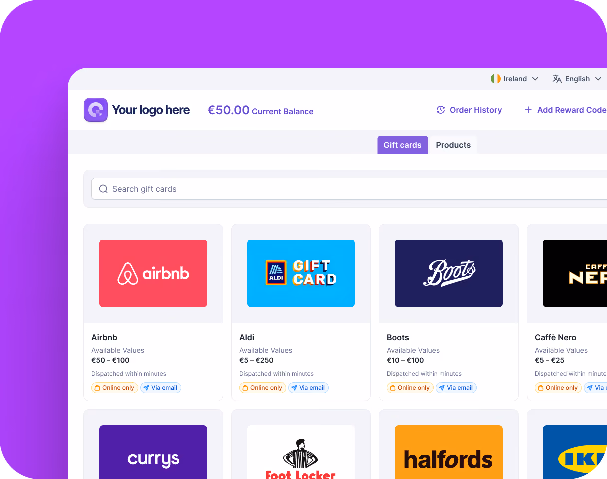Gift card webshop with logos and value ranges for Airbnb, Aldi, Boots, Caffè Nero, Currys, Foot Locker, Halfords, and IKEA.