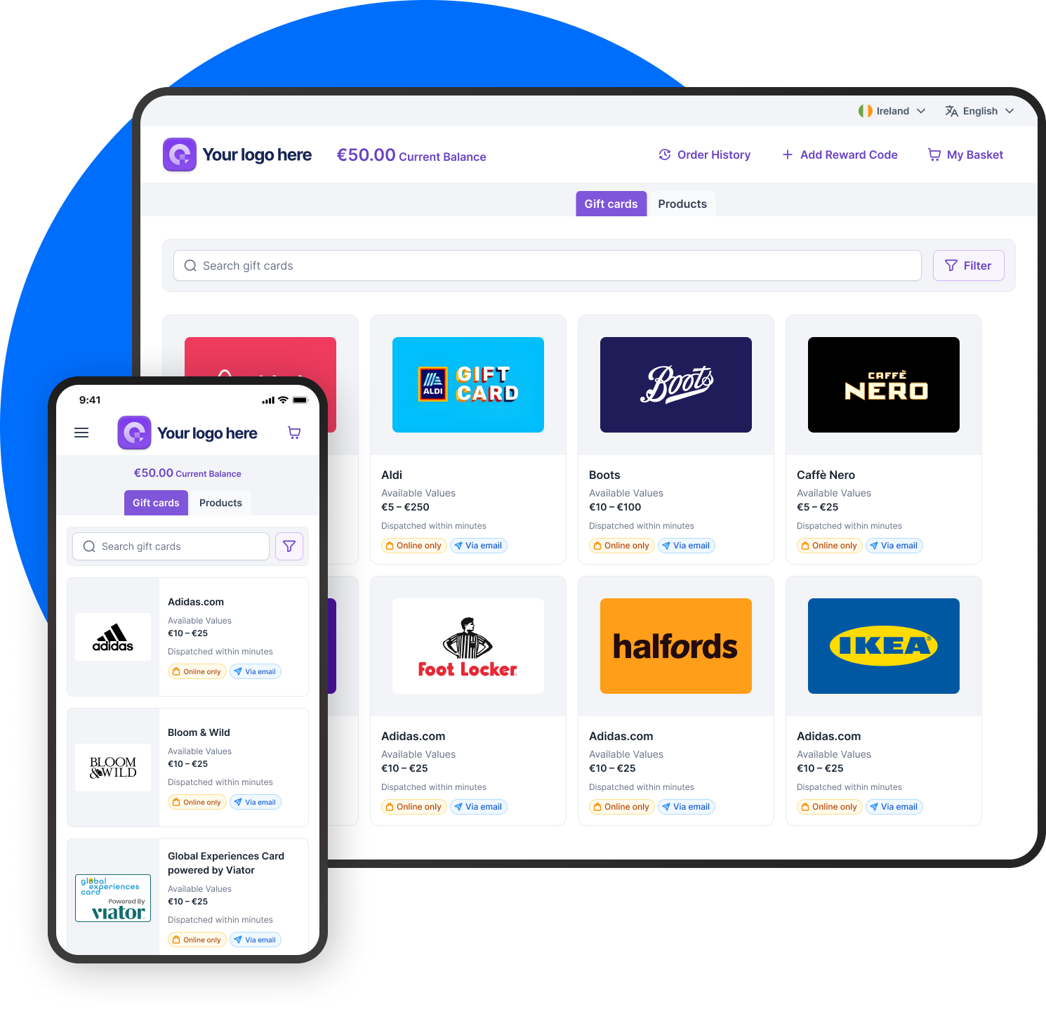 User interface showing a digital gift card and product webshop on desktop and mobile screens with a €50 balance, search bar, filter option, and various gift cards for brands like Aldi, Boots, Caffè Nero, Adidas.com, Foot Locker, Halfords, IKEA, Bloom & Wild, and Global Experiences Card by Viator listed with their available values and delivery options.