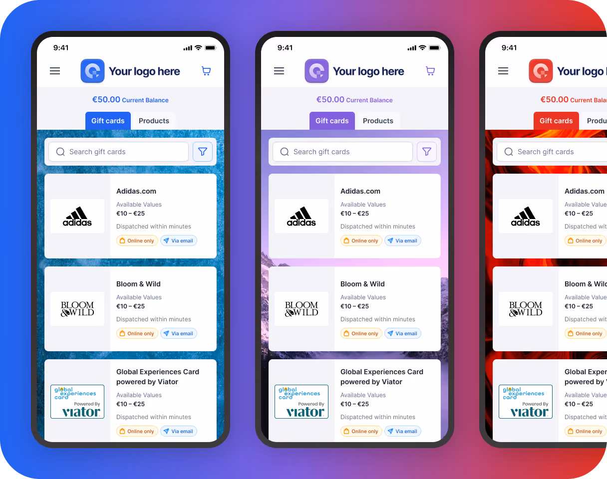 Three mobile app interfaces side by side, each showing a gift card selection screen with a balance of 50.00 in different colors: blue, purple, and red. Each screen includes tabs for Gift cards and Products, a search bar, and options for Adidas.com, Bloom & Wild, and Global Experiences Card powered by Viator with available values from €10 to €25, marked as Online only and Via email for dispatch.
